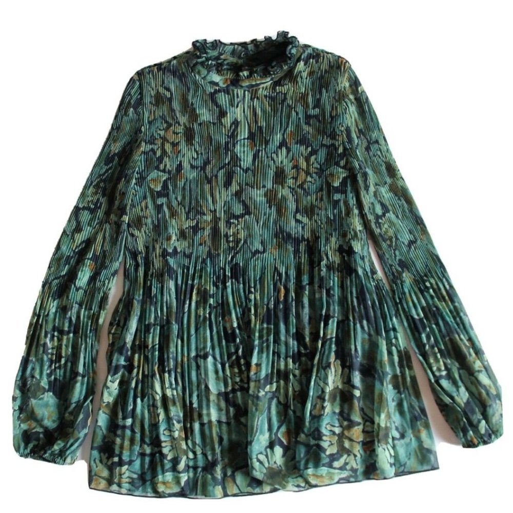 Wilfred Barrio Chiffon Blouse Classic Navy Teal Size 2XS Puff-Sleeve